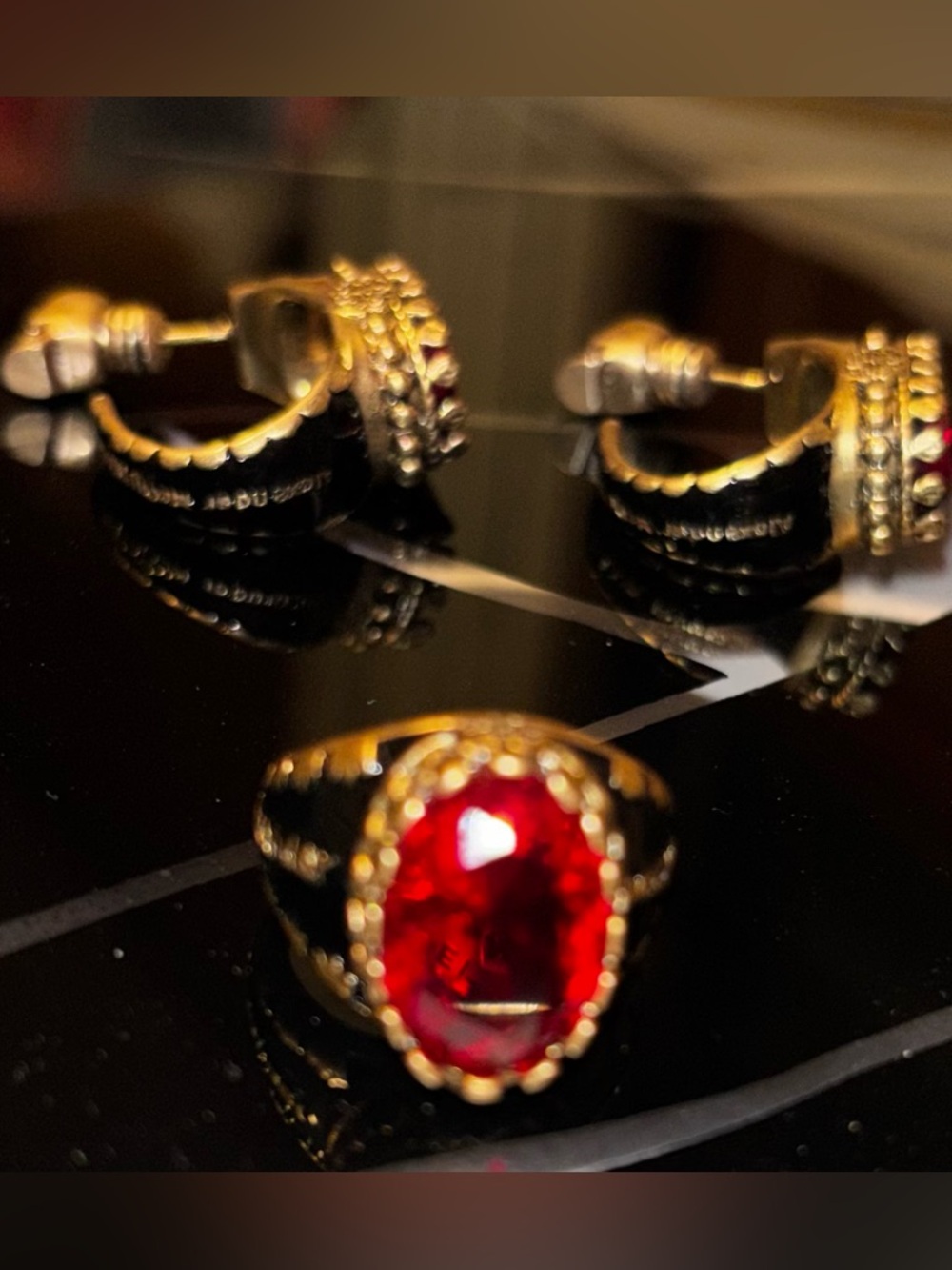 Gold-Finish Red Gemstone Ring and Hoop Earrings with skull backs- Set